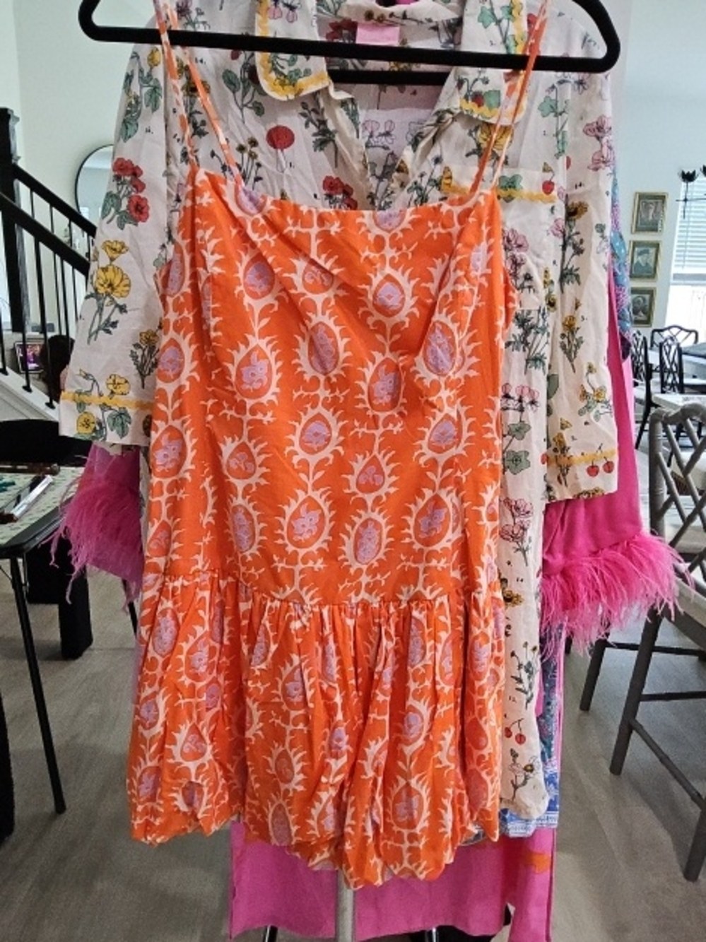 Orange Printed Spaghetti-Strap Mini Dress